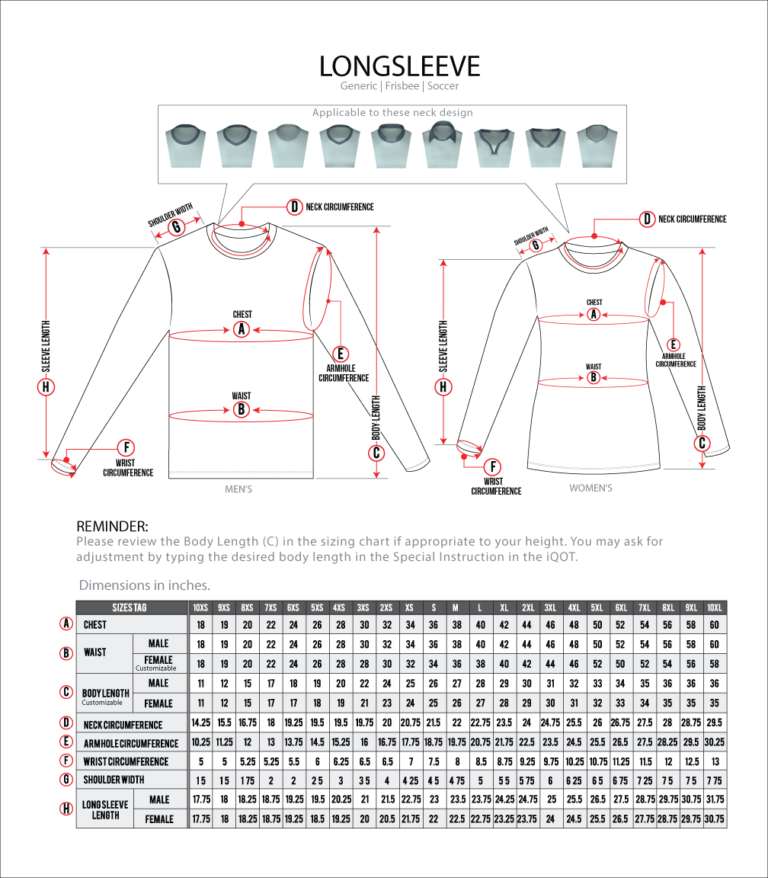 Size Chart: Long Sleeve Shirts –